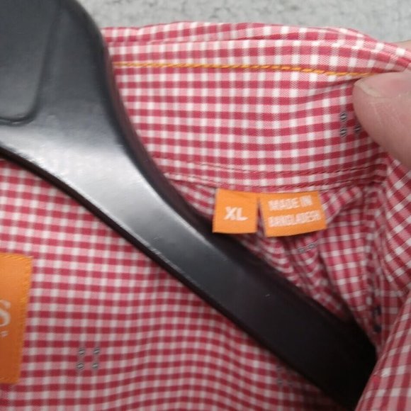 Boss Hugo Boss Shirt Mens XL Red Gingham Check Geometric Slim Fit Orange Tag - Picture 4 of 9